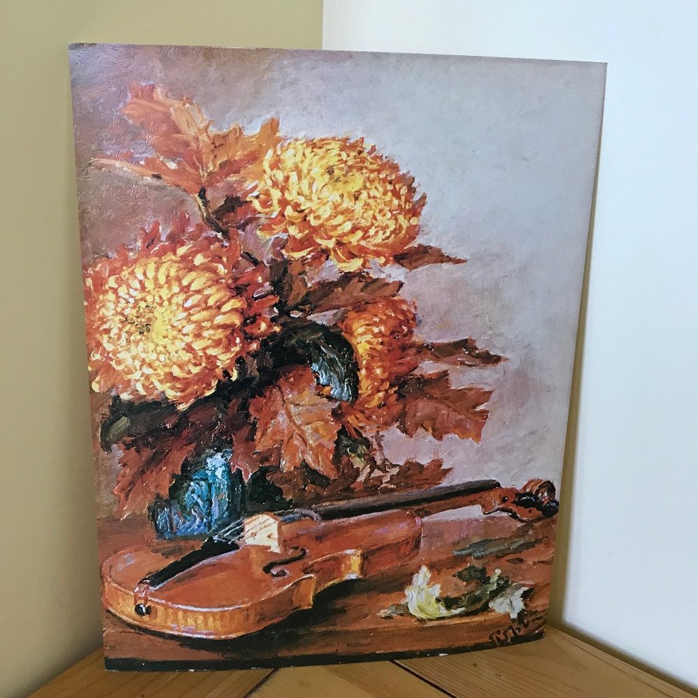 Still Life Violin & Chrysanthemum Bouquet Art Print P Moldeveld Vintage 11x14"